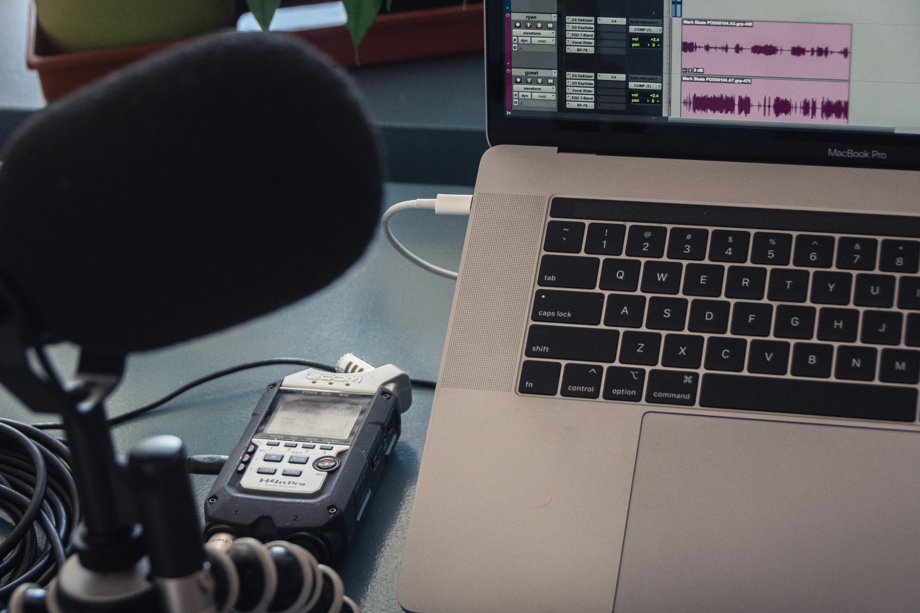 Home video interview and podcast recording workstation equipped with broadcast dynamic microphone and clean camera mounting